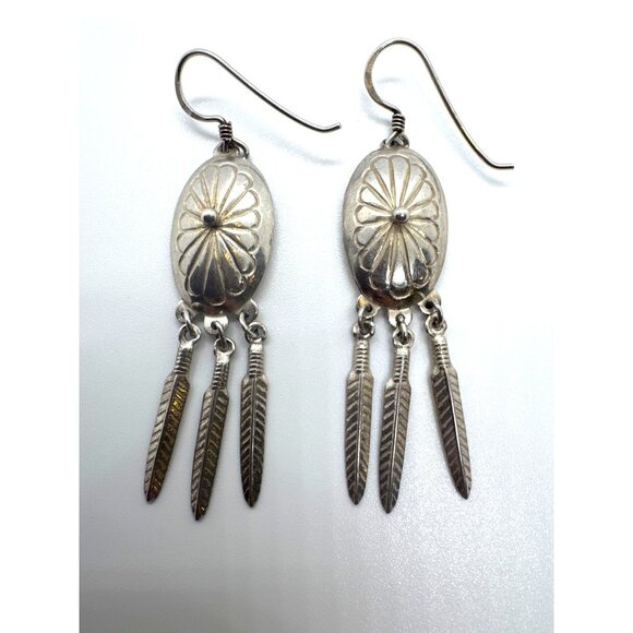 Vintage Sterling Silver 925 Southwestern Concho Feather Dangle Earrings Boho - Picture 1 of 7